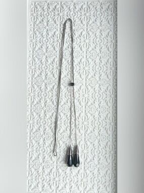 CAROLINE NERON Long Silver-Tone Necklace, Black Teardrop Pendants, with DEFECT